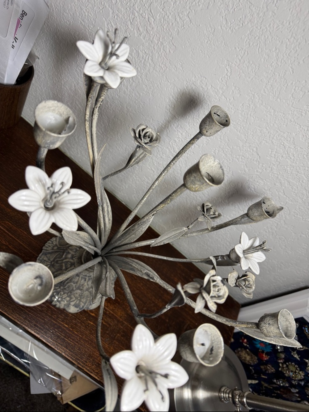 Antique French Metal Candelabra with Ceramic Flowers, 8-Arm Art Nouveau Style - Picture 6 of 10